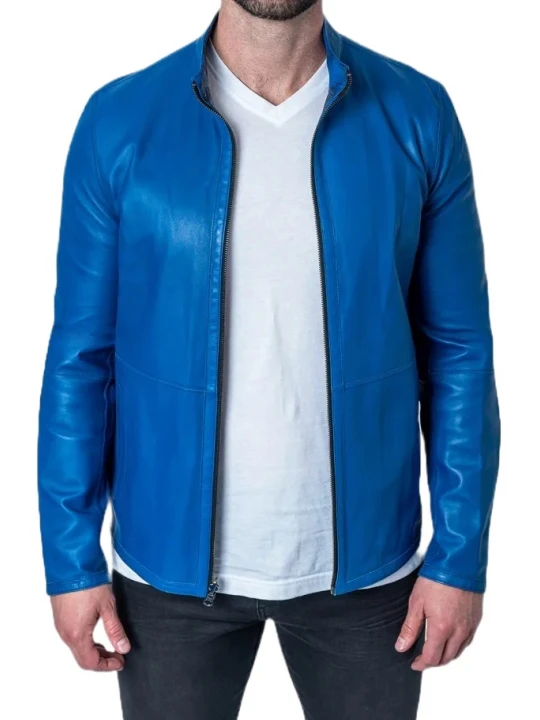 Yoked Back Blue Leather Jacket