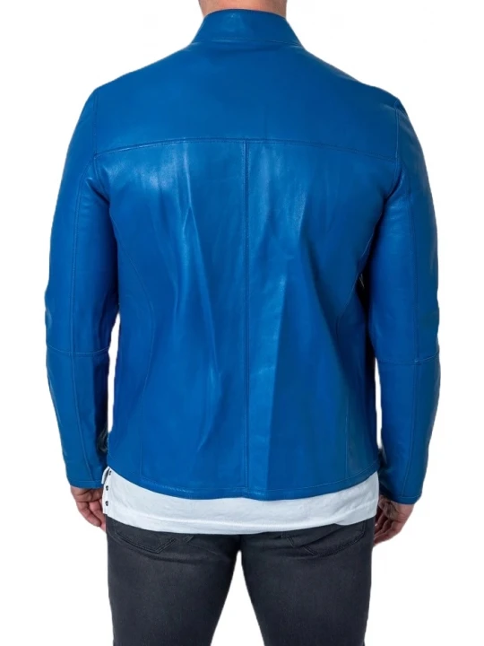 Yoked Back Blue Leather Jacket