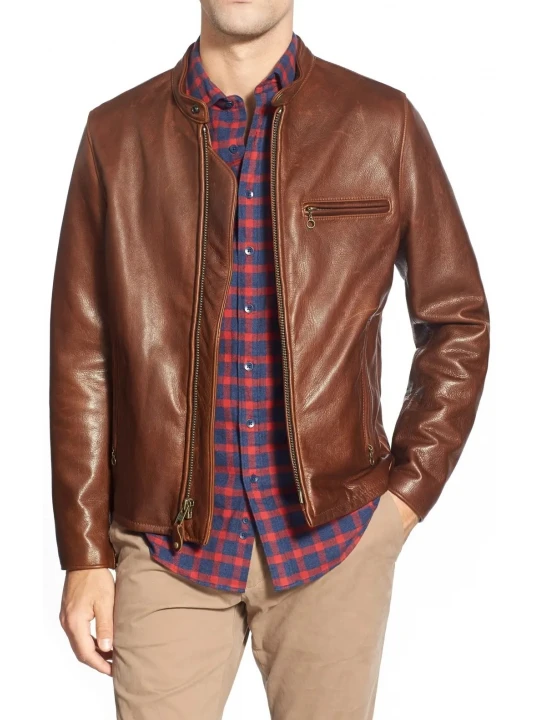 Zip Cuffs Brown Leather Jacket