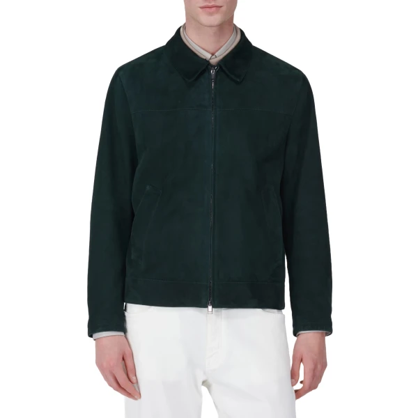 Zipped Front Green Suede Leather Jacket