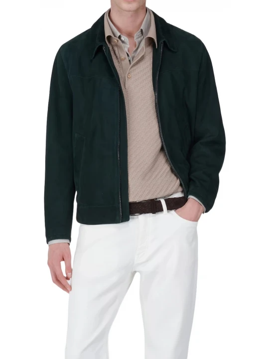 Zipped Front Green Suede Leather Jacket
