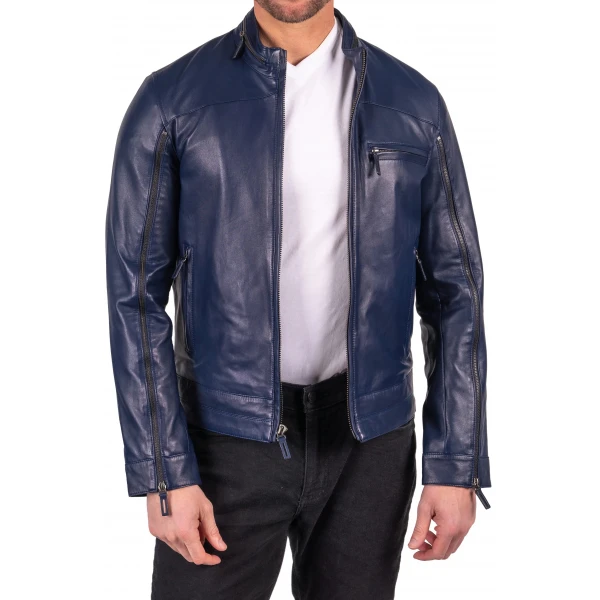 Zipper Detailing Navy Blue Leather Jacket