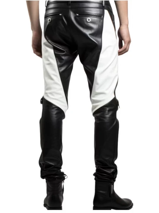Black And White Leather Biker Jeans