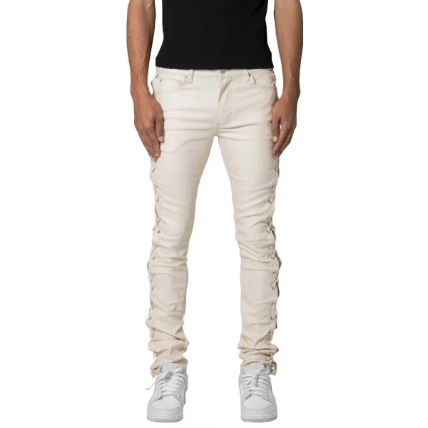 Lace Up Details Cream Leather Jeans
