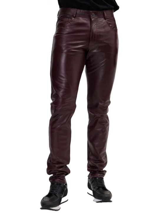 Leather Five Pocket Burgundy Jeans