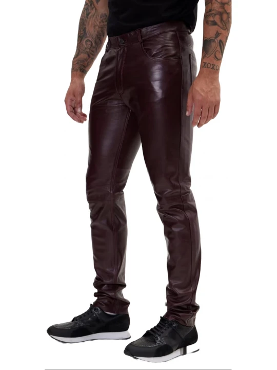 Leather Five Pocket Burgundy Jeans