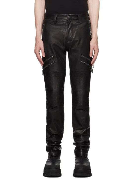 Quilted Details Black Leather Jeans