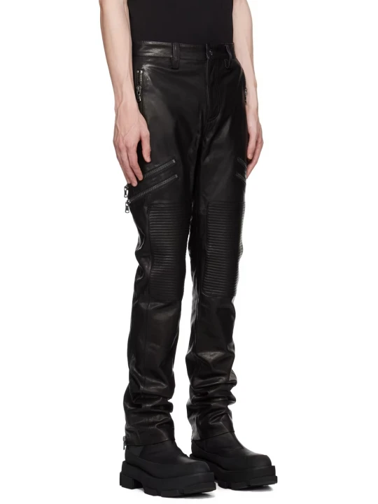 Quilted Details Black Leather Jeans