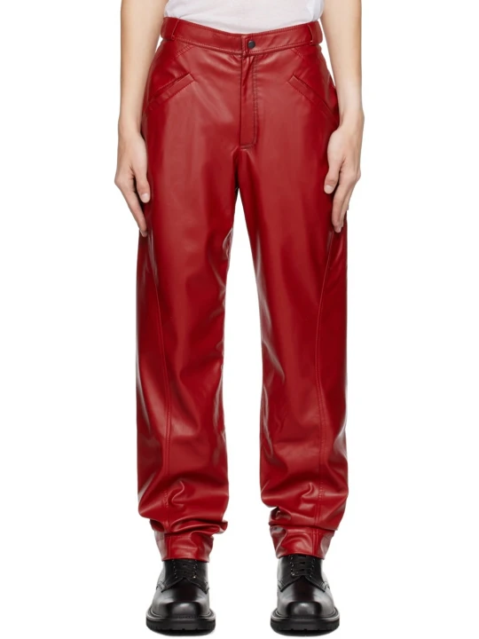 Red Four Pocket Leather Jeans Pants