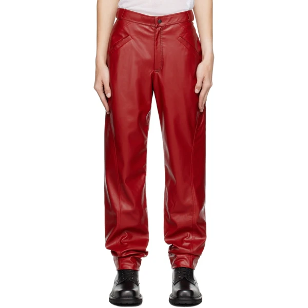 Red Four Pocket Leather Jeans Pants