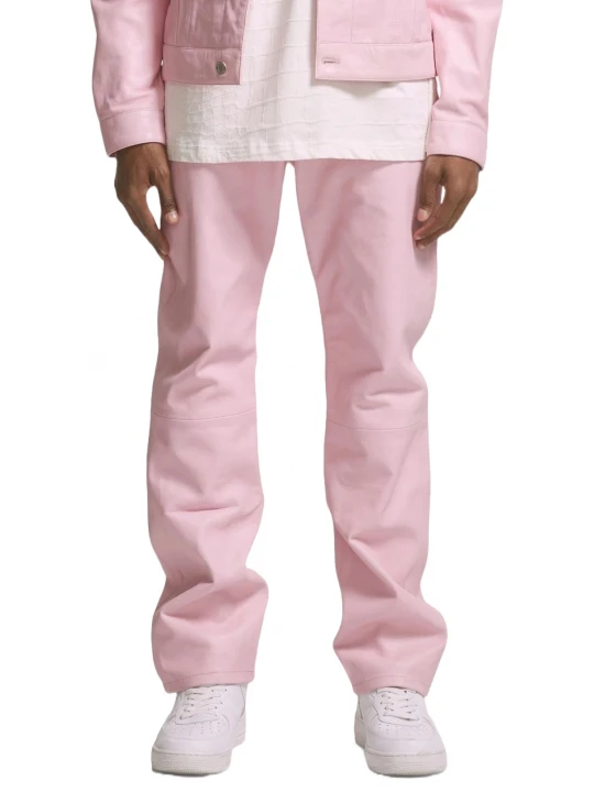 Zip Fly With Button Pink Leather Jeans