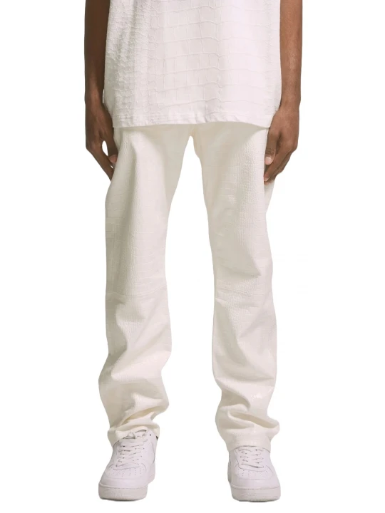 Zip Fly With Button White Leather Jeans