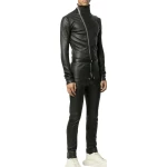 Asymmetric Zipper Black Leather Jumpsuit Overall
