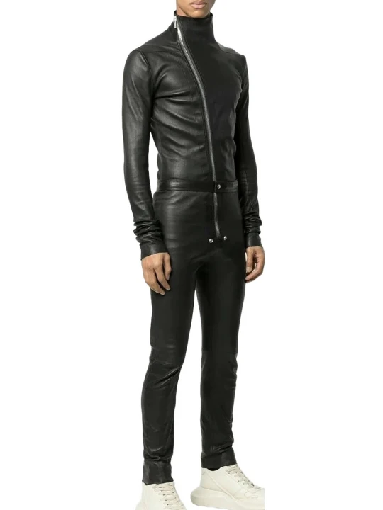 Asymmetric Zipper Black Leather Jumpsuit Overall