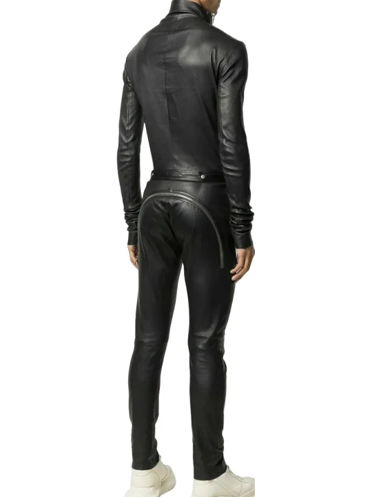 Asymmetric Zipper Black Leather Jumpsuit Overall