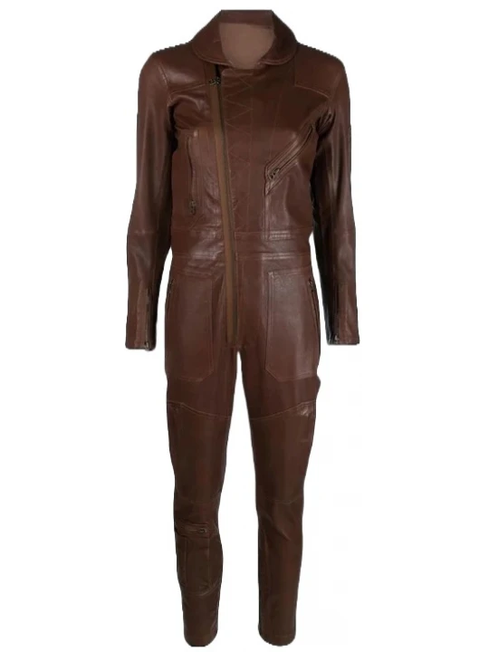 Asymmetric Zipper Brown Leather Jumpsuit Overall