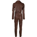 Asymmetric Zipper Brown Leather Jumpsuit Overall
