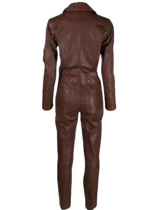 Asymmetric Zipper Brown Leather Jumpsuit Overall