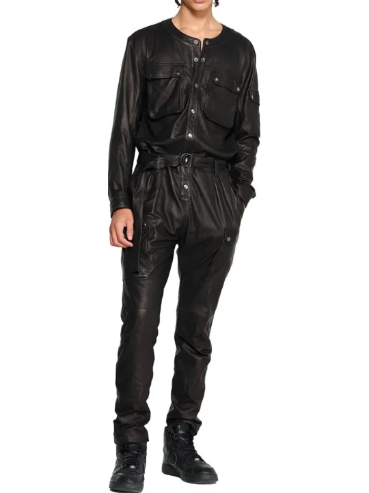 Black Leather Cargo Jumpsuit