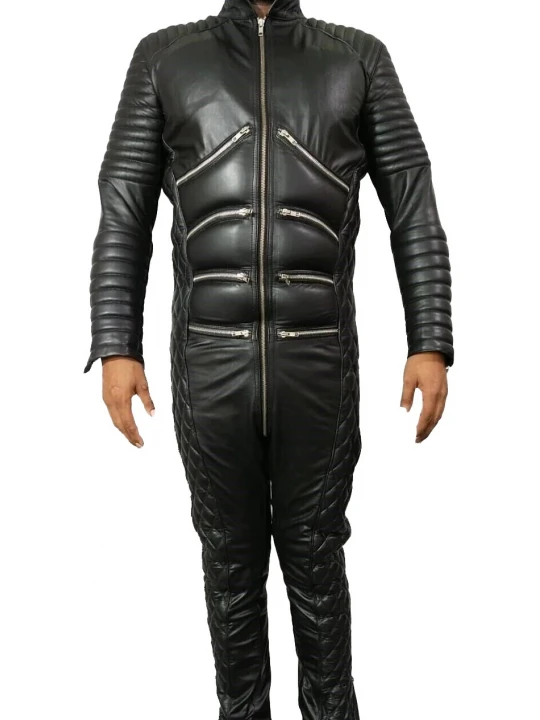 Black Leather Quilted Bikersuit Jumpsuit
