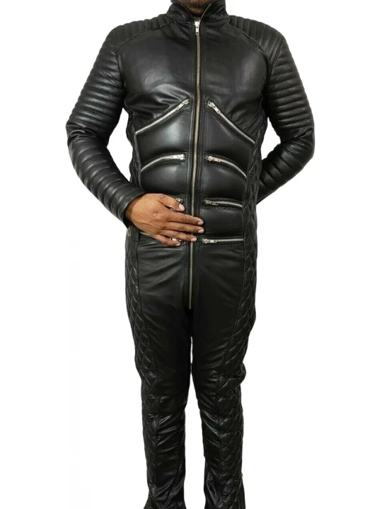 Black Leather Quilted Bikersuit Jumpsuit