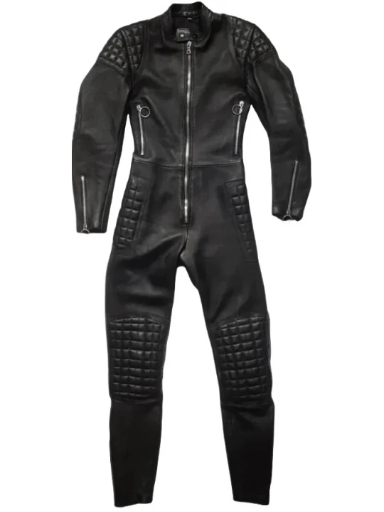 Black Leather Quilted Jumpsuit Bikersuit