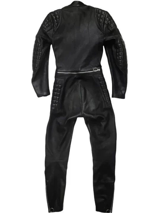 Black Leather Quilted Jumpsuit Bikersuit