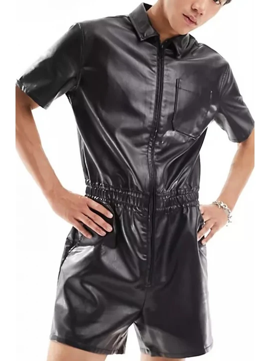 Black Leather Short Jumpsuit