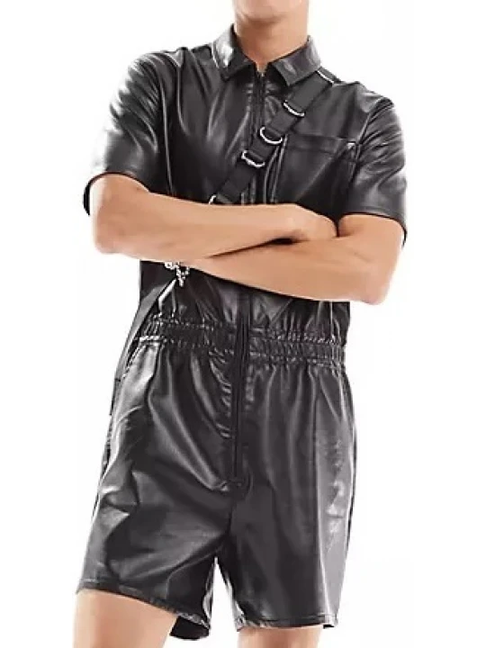 Black Leather Short Jumpsuit