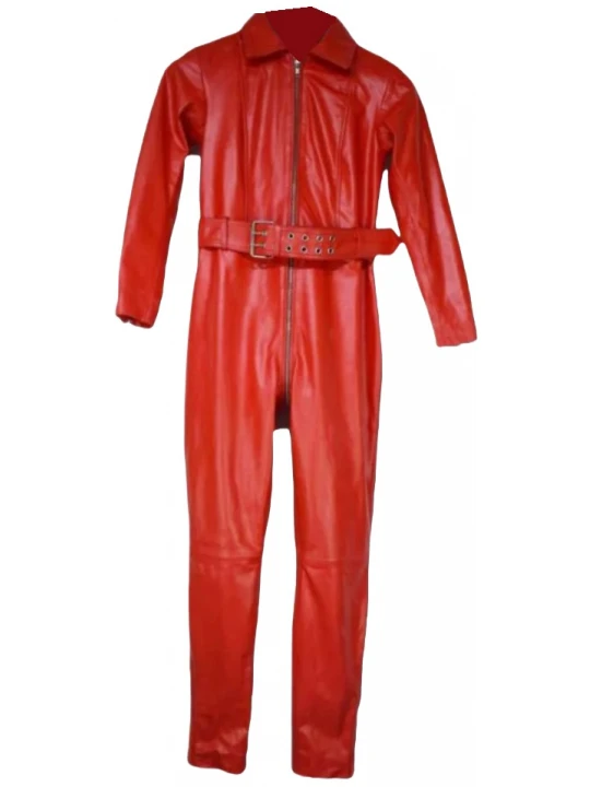 Classic Collar Red Leather Jumpsuit Bodysuit