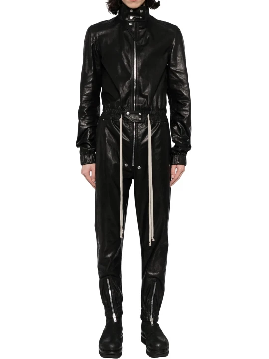 Drawstring Waist Black Leather Jumpsuit Overall