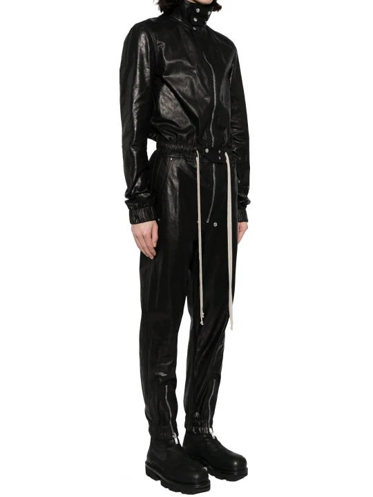 Drawstring Waist Black Leather Jumpsuit Overall