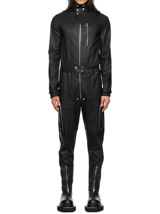 Elasticized Waistband Black Leather Jumpsuit Flightsuit