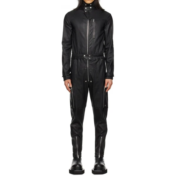 Elasticized Waistband Black Leather Jumpsuit Flightsuit