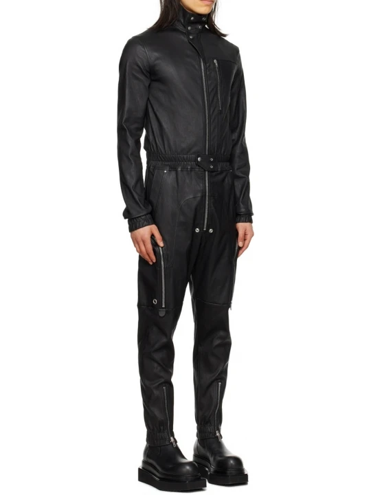 Elasticized Waistband Black Leather Jumpsuit Flightsuit