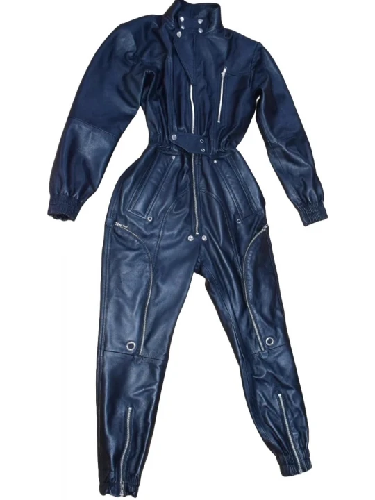 Elasticized Waistband Navy Blue Leather Jumpsuit Bodysuit