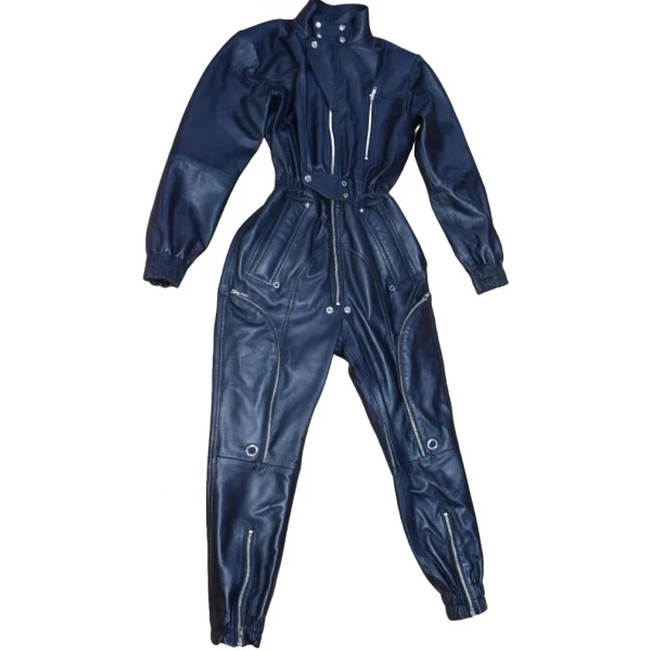 Elasticized Waistband Navy Blue Leather Jumpsuit Bodysuit