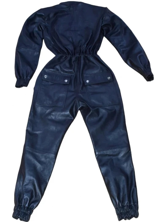 Elasticized Waistband Navy Blue Leather Jumpsuit Bodysuit