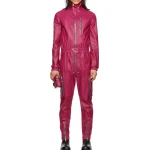 Elasticized Waistband Pink Leather Jumpsuit Flightsuit