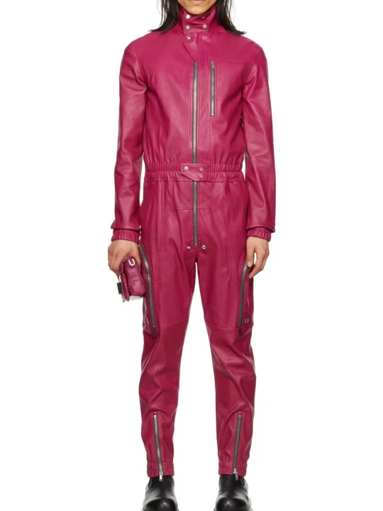Elasticized Waistband Pink Leather Jumpsuit Flightsuit