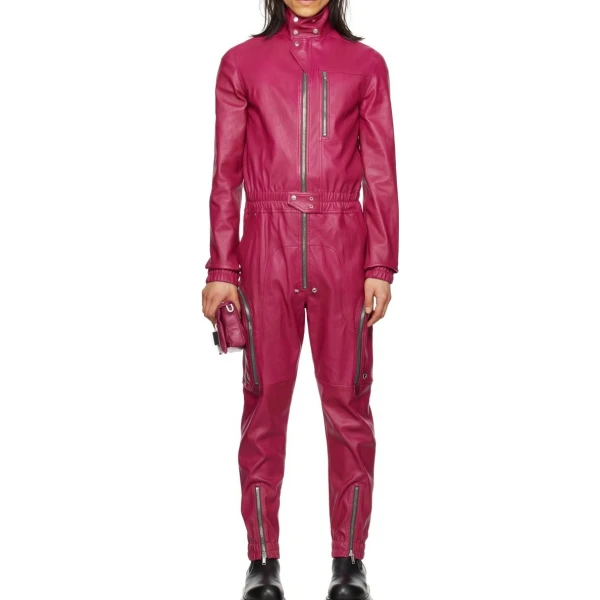 Elasticized Waistband Pink Leather Jumpsuit Flightsuit
