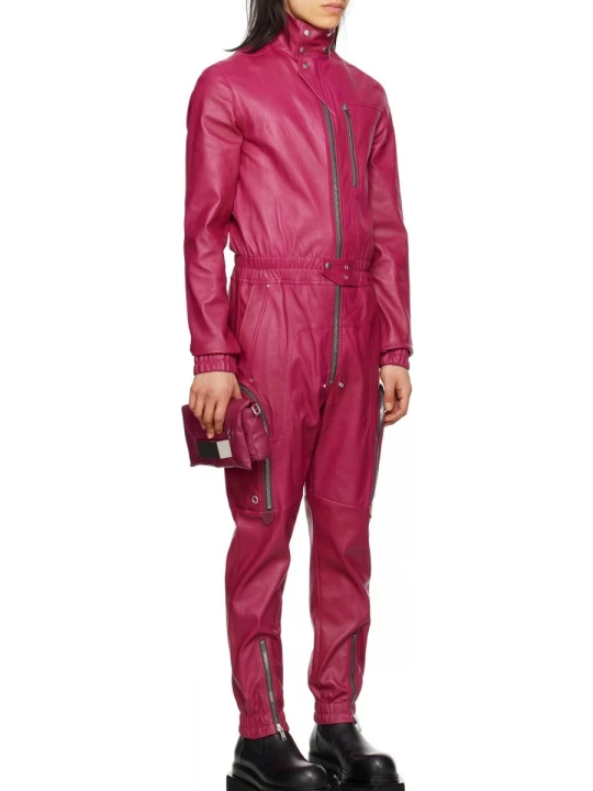 Elasticized Waistband Pink Leather Jumpsuit Flightsuit