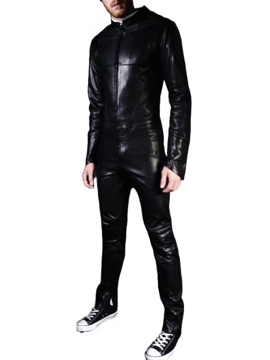 Mens Biker style real sheepskin black motorcycle leather jumpsuit