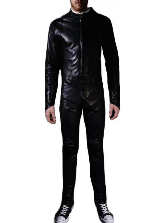 Mens Biker style real sheepskin black motorcycle leather jumpsuit