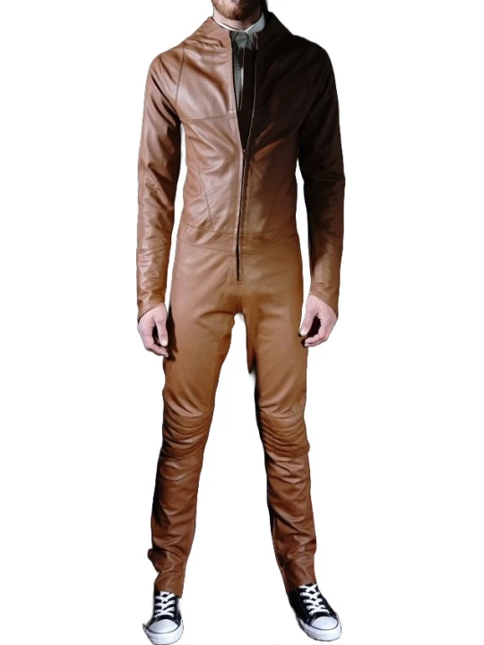 Mens Biker style real sheepskin brown motorcycle leather jumpsuit
