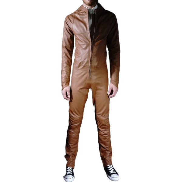 Mens Biker style real sheepskin brown motorcycle leather jumpsuit