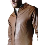 Mens Biker style real sheepskin brown motorcycle leather jumpsuit
