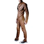 Mens Biker style real sheepskin brown motorcycle leather jumpsuit