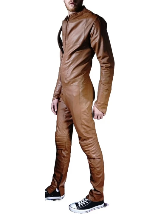 Mens Biker style real sheepskin brown motorcycle leather jumpsuit