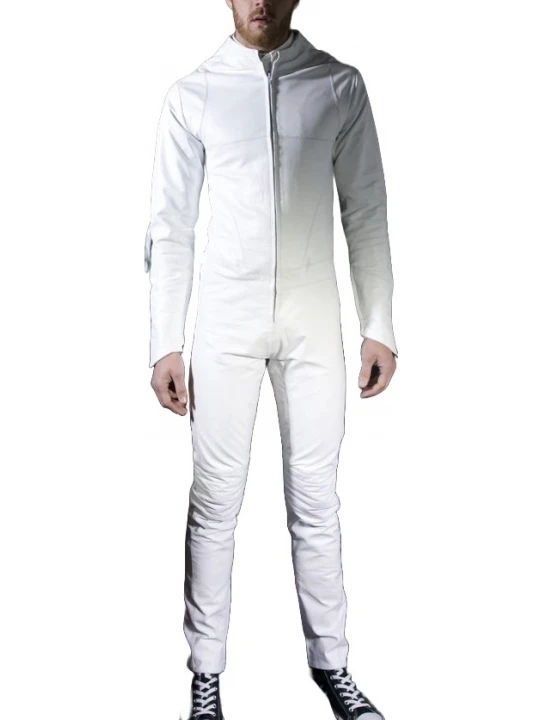 Mens Biker style real sheepskin white motorcycle leather jumpsuit